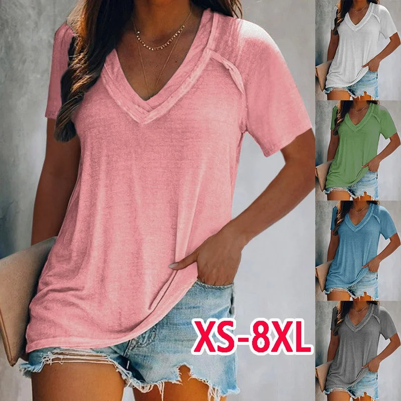 Womens Fashion Summer Clothing Casual Short Sleeved T-shirt Solid Color Loose Blouse Ladies Fashion Deep V-neck Shirt Tops