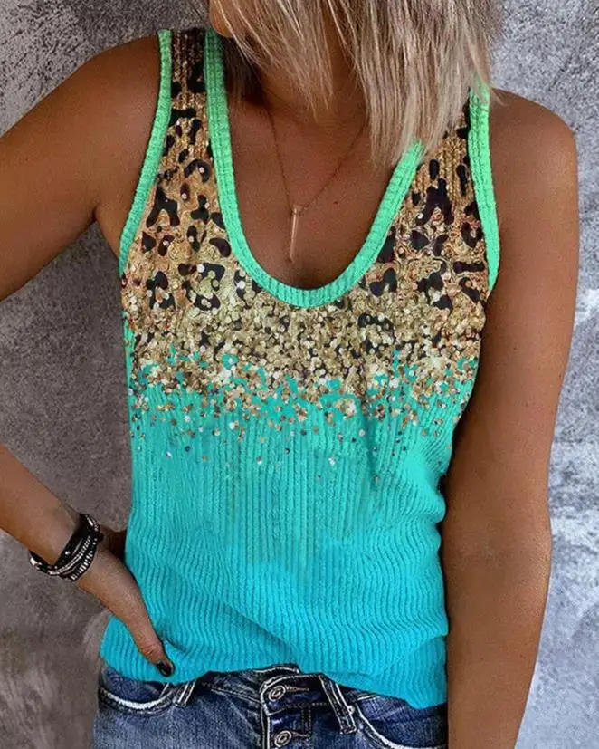 

Top Women 2023 Summer Fashion Contrast Leopard Print Casual V-Neck Sleeveless Daily Tank Top Y2K Clothes