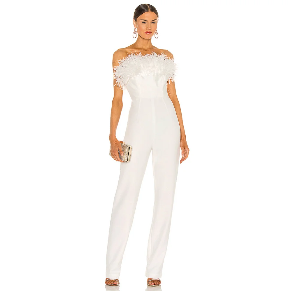 European And American 2022 Women White Jumpsuit Feather Wrapped Chest Sexy Slim Waist One-piece Trousers For Ladies