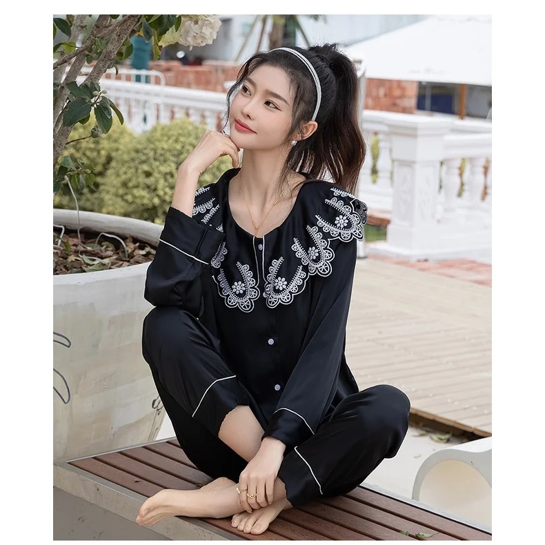 Lisacmvpnel 2022 Autumn Ice Silk Pajamas Women's Long Sleeve Embroidery Cloud Shoulder Pajama Set