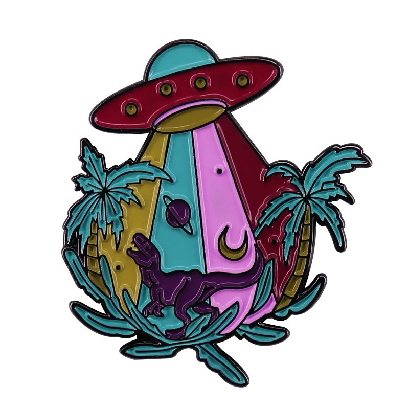 

Funny Coconut Tree UFO With Dinosaurs Mashup Cartoon Metal Enamel Lapel Clothes Coats Backpack Bag Badge Brooch Pin Accessories