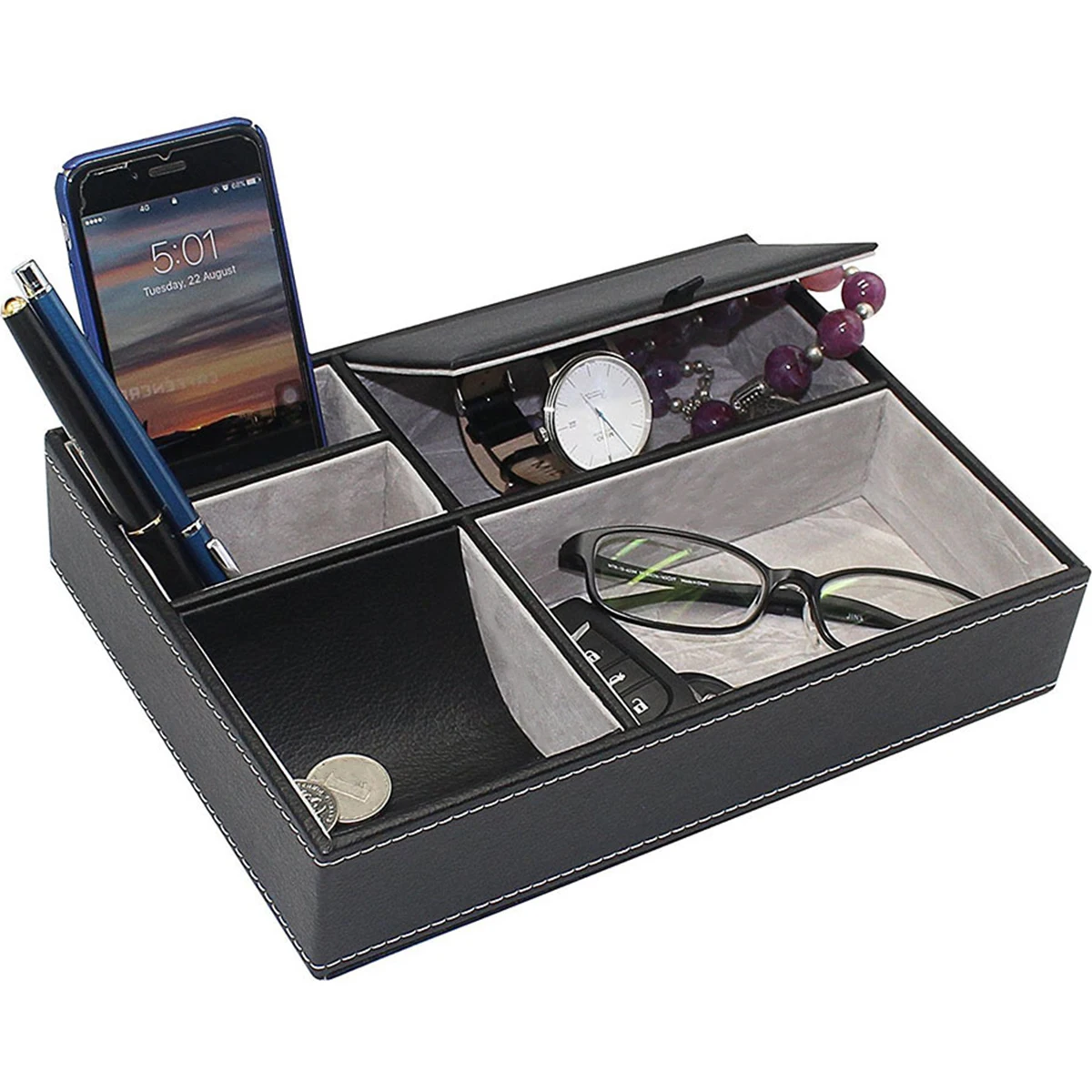 

Men's Valet Tray with 5 Compartments Decent Valet Tray Organizer Durable Faux Leather Nightstand Organizer Valet Dresser Box