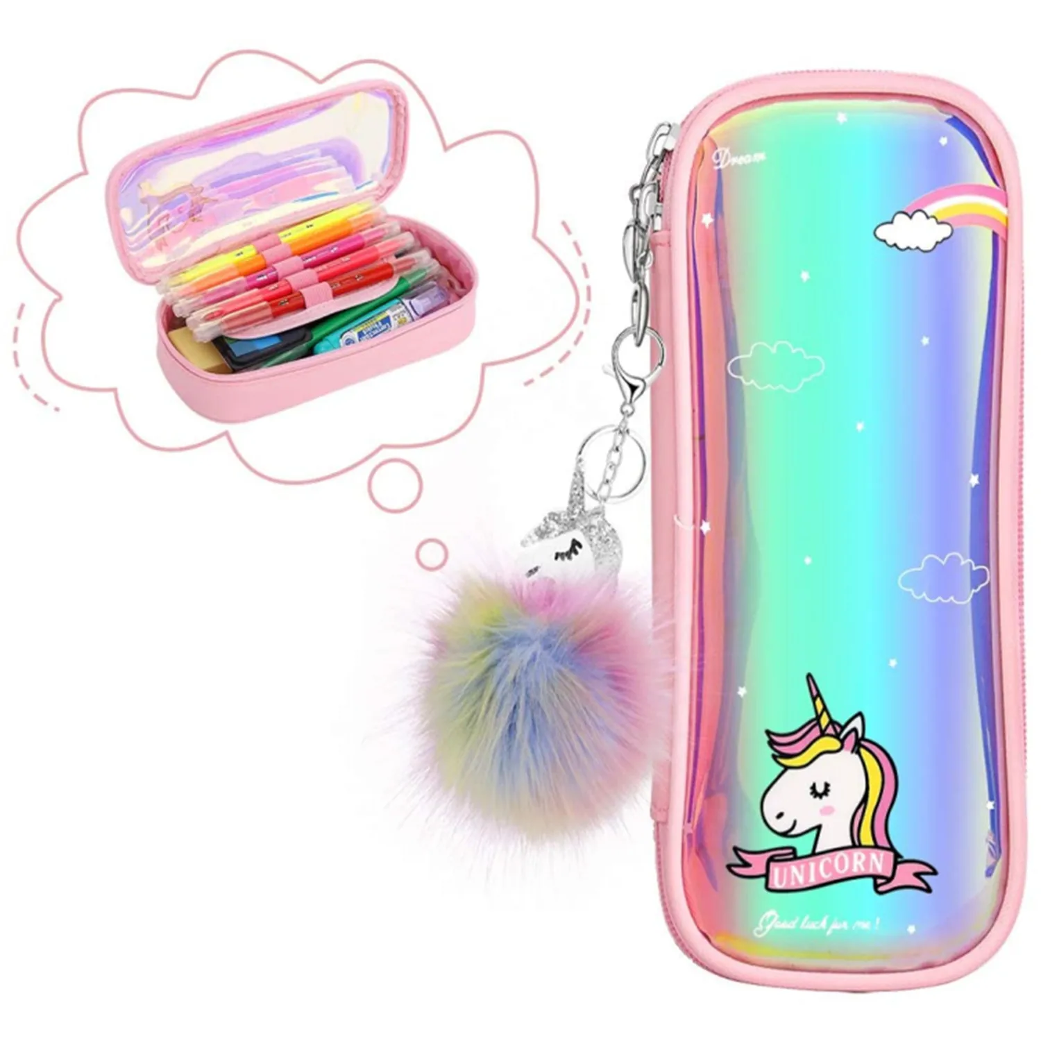 

Чехол для карандашей для девочек, милый студенческий пенал для карандашей, настольный органайзер с двойной молнией и брелоками для школьников