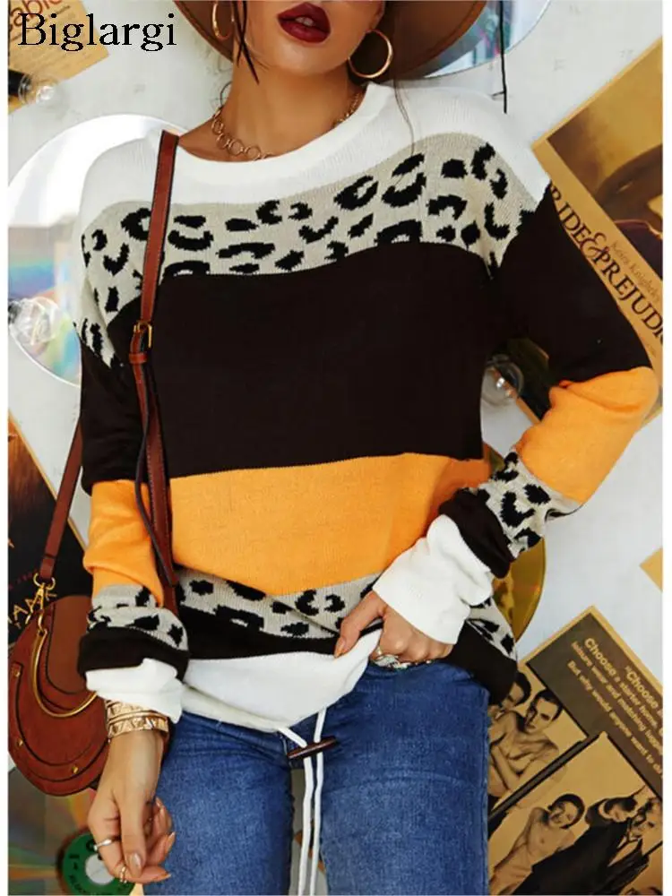 

Вязаный осенний пуловер, свитер, женские топы с леопардовым принтом в полоску и длинным рукавом, Модный повседневный свободный женский свитер, 2023