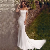 viktoria off the shoulder mermaid wedding dress 2022 boat neck long sweep train lace appliques bridal gown with belt custom made