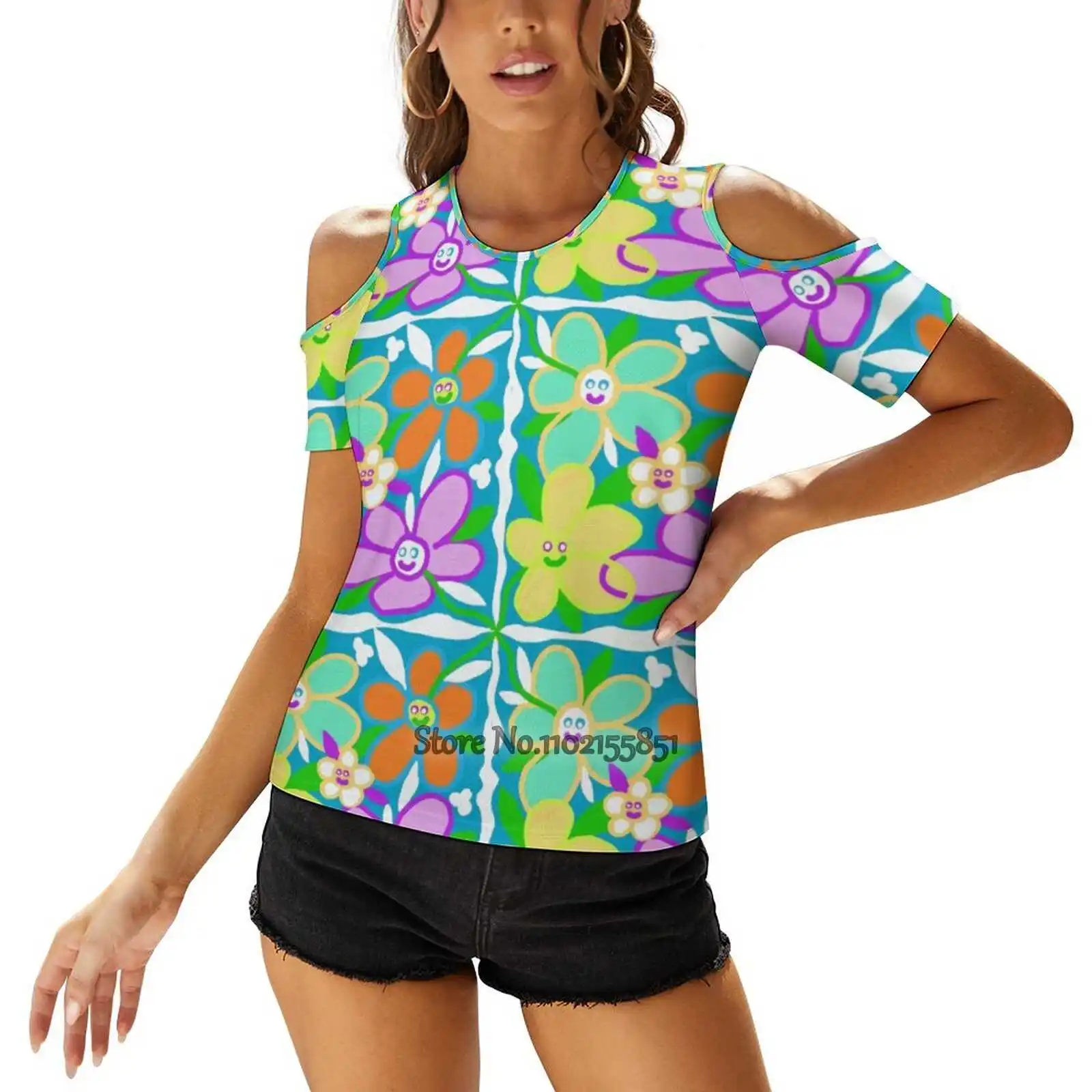 

Женская футболка с принтом Happy Flower, пикантная футболка со шнуровкой сзади, пуловер с вырезами, топ с веселыми маргаритками и цветами, красочный для детей