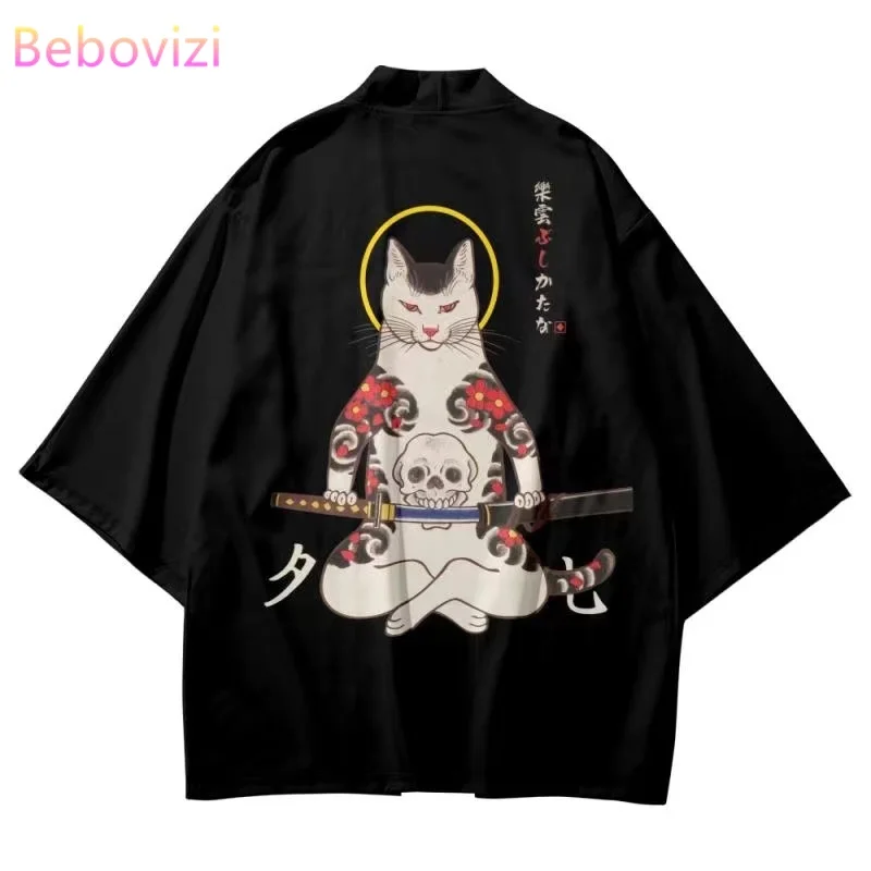 

Black Kimono Streetwear Cat Samurai Cardigan Harajuku Robe Men Women Ukiyo-e Cosplay Clothes Summer Beach Japanese Clothing