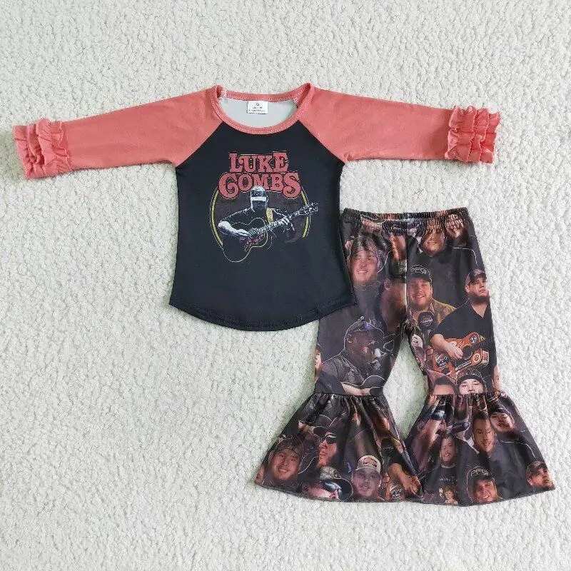 

2022 girls fall clothing pink long sleeve and bell bottom pants girls boutique sets kids clothing wholesale
