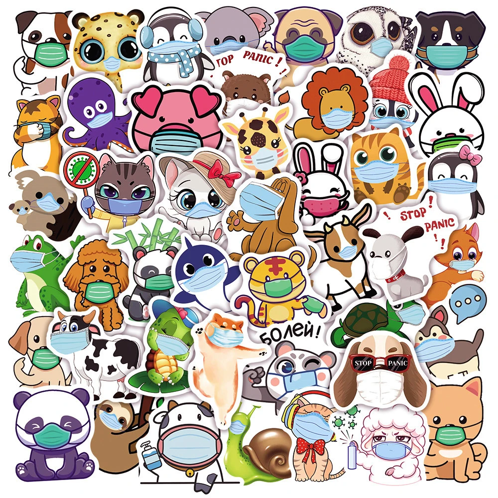 

10/50 Pcs Face Masks Cute Animals Graffiti Stickers Decoration Bike Luggage Guitar Phone Case Kids Toys Thin Waterproof Stickers