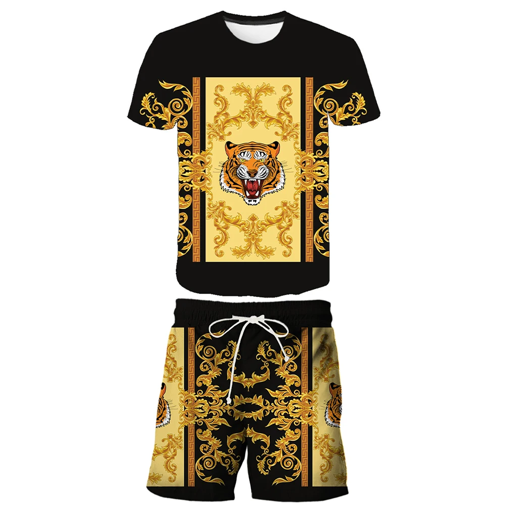 Summer Sportswear Suit Jogging 2 Piece Men's Tracksuit T Shirt Set Short Sleeve 3D Tiger Printed Luxury Clothing Oversized