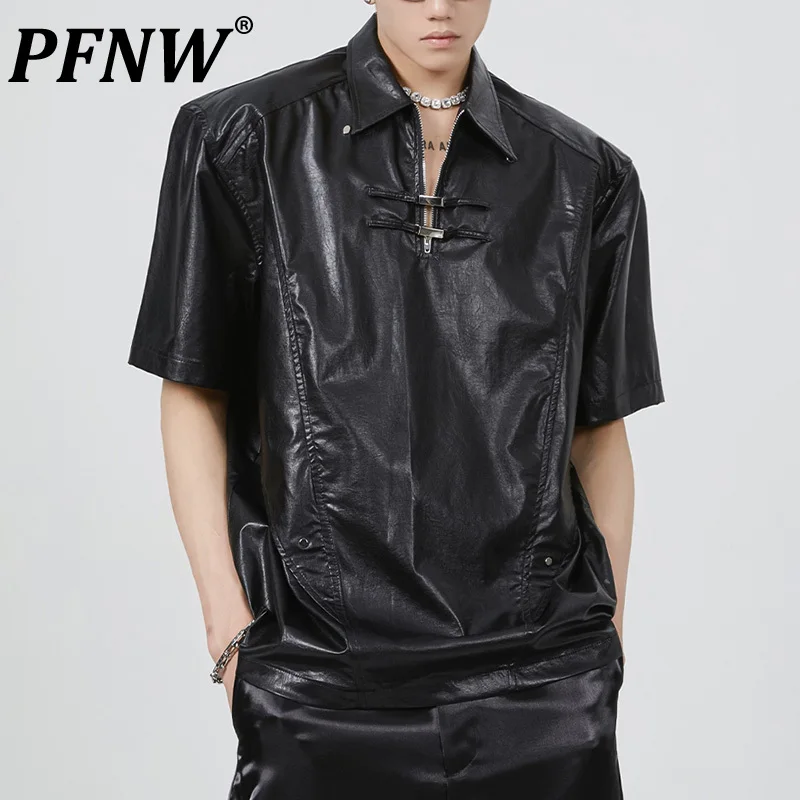

PFNW Summer Men's Zippers PU Punk Design Shirts High Street Darkwear Short Sleeved Leather Solid Color Motorcycle Tees 12A9547