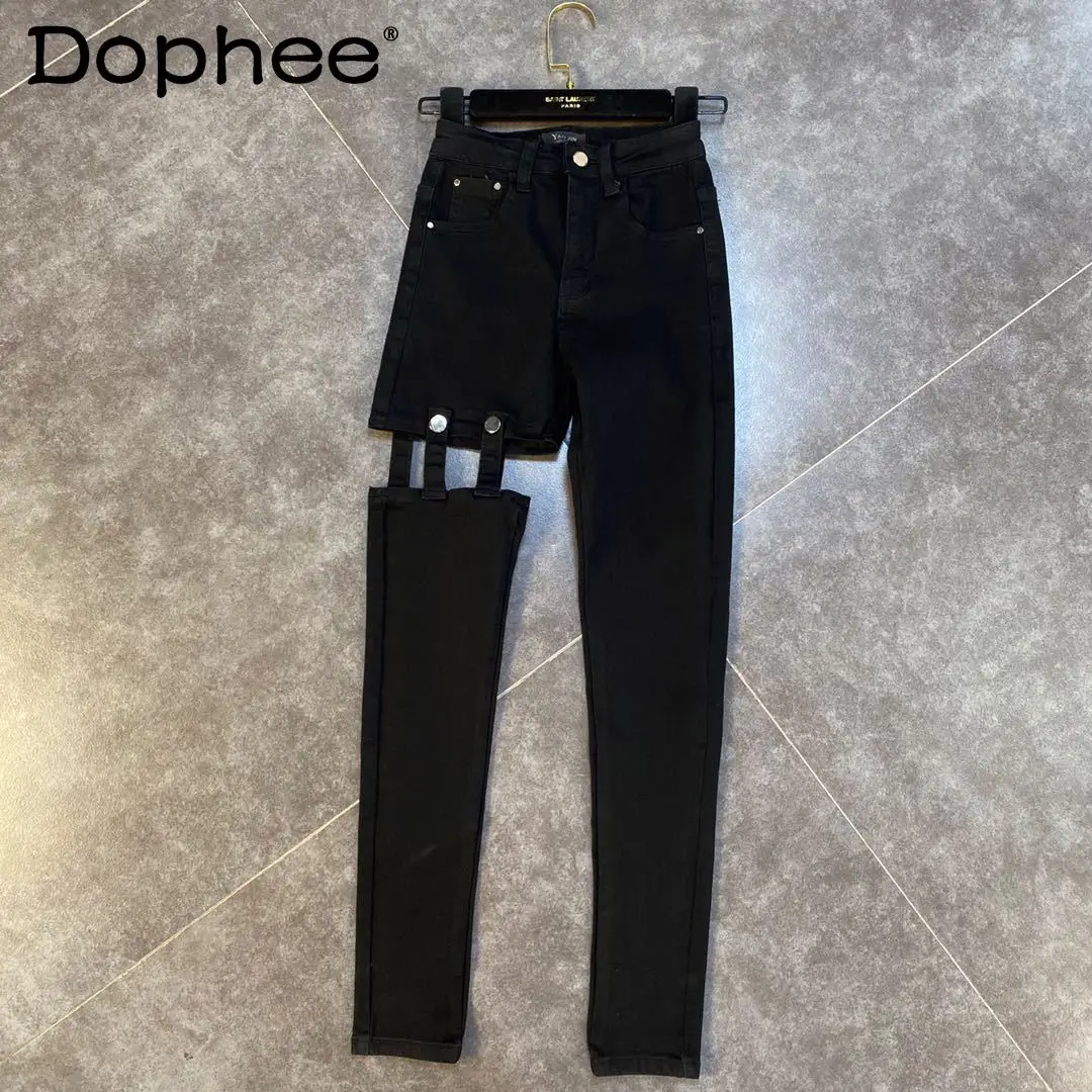 

Женские джинсовые брюки в стиле Харадзюку, черные облегающие брюки с вышивкой, пряжкой и высокой талией, весна-осень 2022