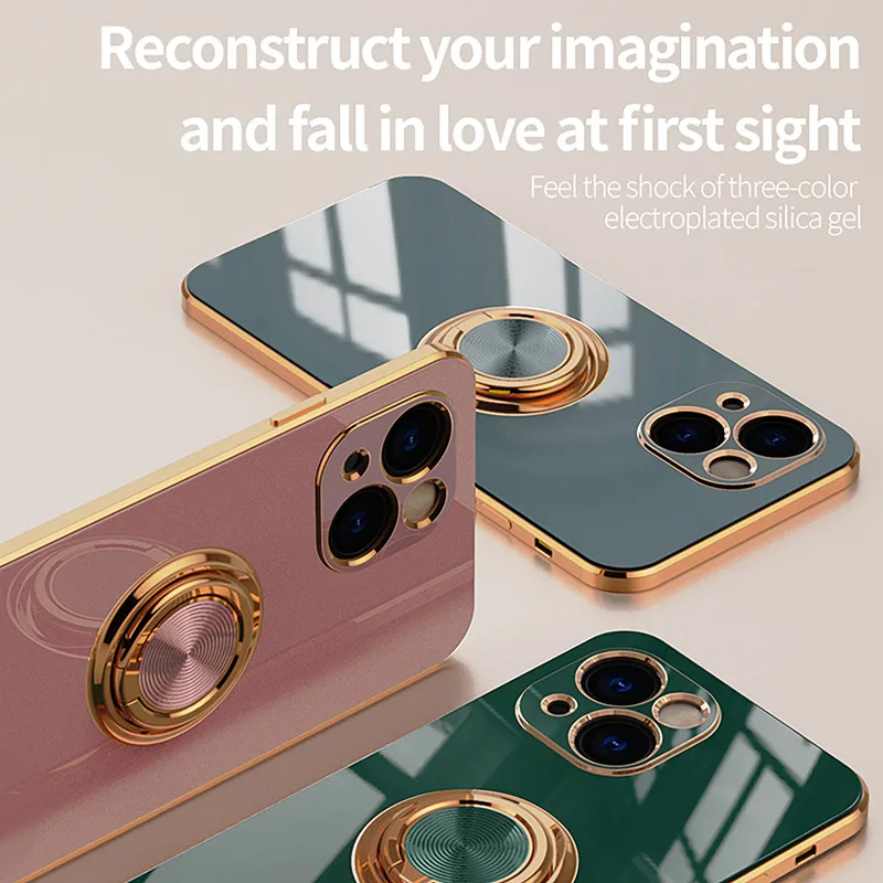 

Plating Ring Holder Phone Case for iPhone 14 13 12 Mini 11 Pro Max 7 8 Plus XR X XS SE 2020 Soft Bumper Frame Car Magnetic Cover