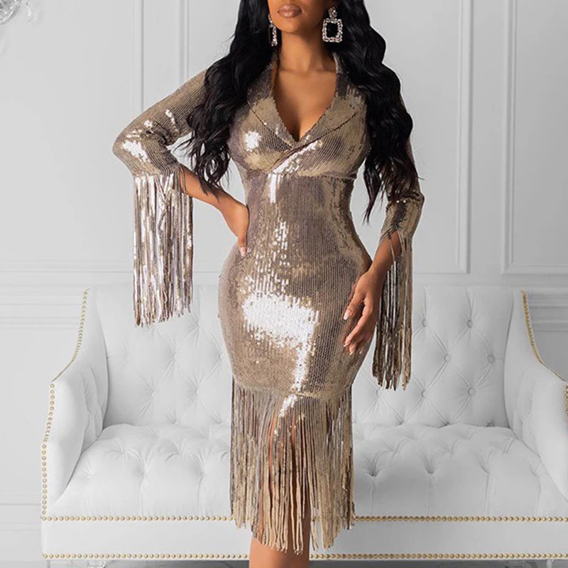 

New Arrival Turn-Down Collar Sequins Tassel High Stretch Evening Gowsn Wedding Party Prom Robes Christmas Night Vestidos 2022
