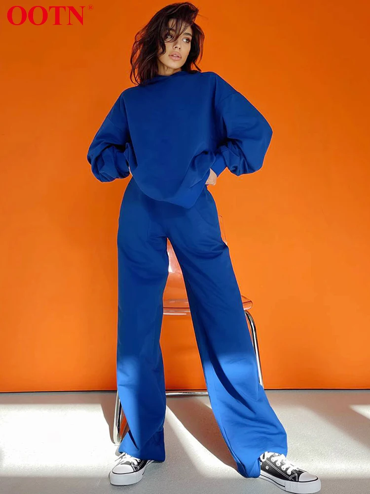 

OOTN Sports Hooded Tops High Waist Pants Two Piece Sets Women Wide Leg Pants Long Sleeve Sweater 2022 Fall Casual Knitted Suits