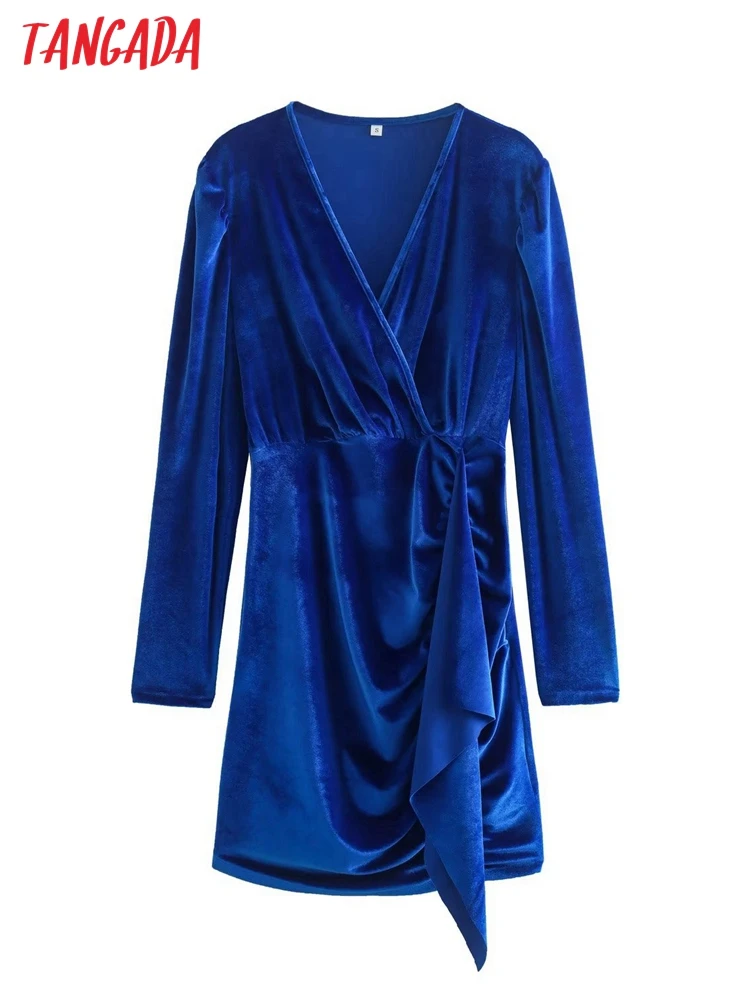 

Tangada 2022 Autumn Women Blue Velvet Dress Long Sleeve Office Ladies Pleated Mini Dress 1F93