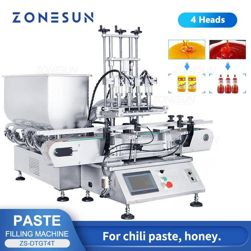 

ZONESUN 4 Nozzles Desktop Automatic Piston Filling Machine Viscous Liquid Paste Honey Cream Bottle Packaging Machinary