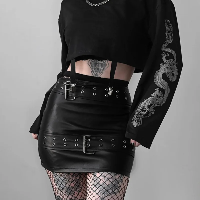 

Vintage Punk Skirt Black Skirt Diablo Gothic's New Double Belt Leather Skirt Goth Skirt Gothic Skirt Harajuku Skirt Mini Skirt