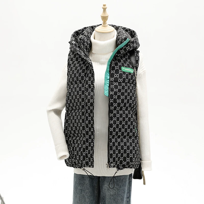 damska kamizelka z nadrukiem jesienno-zimowa bez rękawów Casual gruba ciepła kurtka kapturem