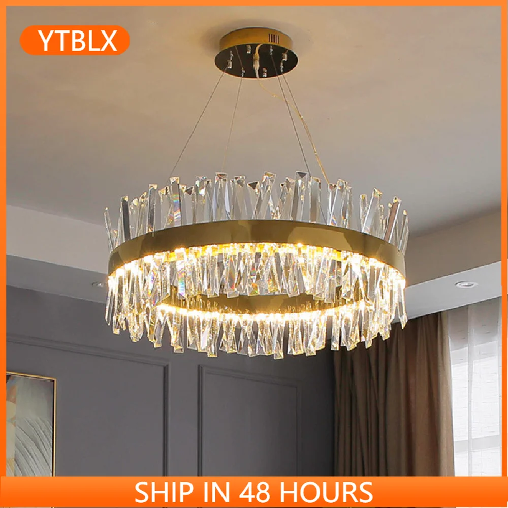

Living Room Luxury Steel Dimmable Led Pendant Light Shiny Gold Chrome K9 Crystal Led Hanging Lamp Round Suspension Lamp