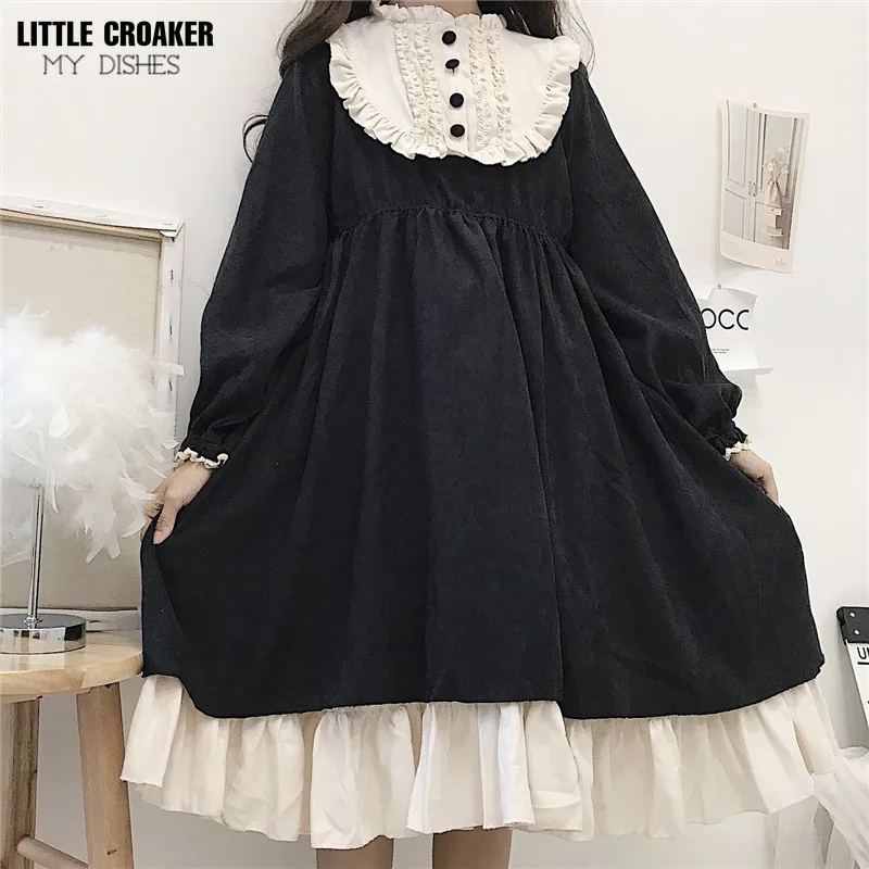 

Japanese Style 2023 Autumn Women's Dresses O-Neck High Waist Slimming Contrast-Color Ruffled Sweet Lolita Dress Kawaii Clothing