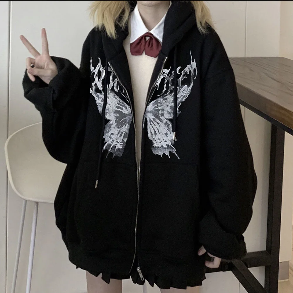 Gothic Butterfly Print Hoodies Zip Up Hip Hop Streetwear Sweatshirts Women Casual Hooded Autumn Winter Men's Tops Y2K Clothes