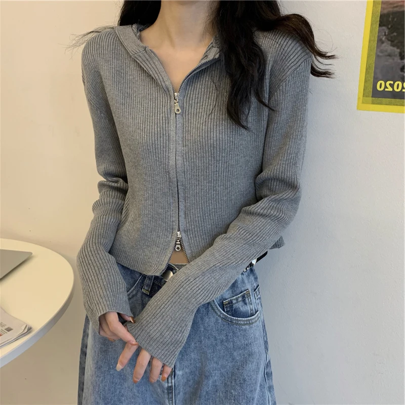

Cropped Cardigan Hooded Zipper Up All Match Slender Chic Vintage Streetwear Korean Style Knitted Sweaters Fashion Crop Tops New