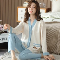 casual v neck modal long sleeve pajama sets fashion patchwork cartoon pajamas for women spring autumn soft pyjamas sleepwear