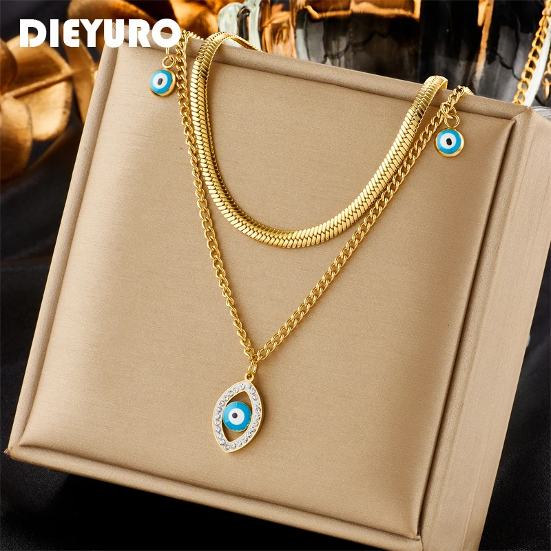 

DIEYURO 316L Stainless Steel Blue Eyes Pendant Necklace For Women New Vintage Girls Multilayer 2in1 Chain Jewelry Birthday Gifts