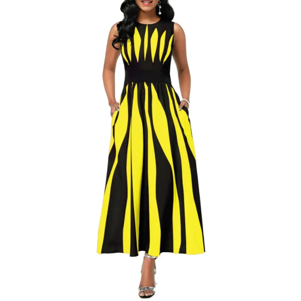 

Chic Women Dress Waist Tight Skin-Touch Vest Dress Elegant Fashion Striped Printed Temperament Long Vest Dress