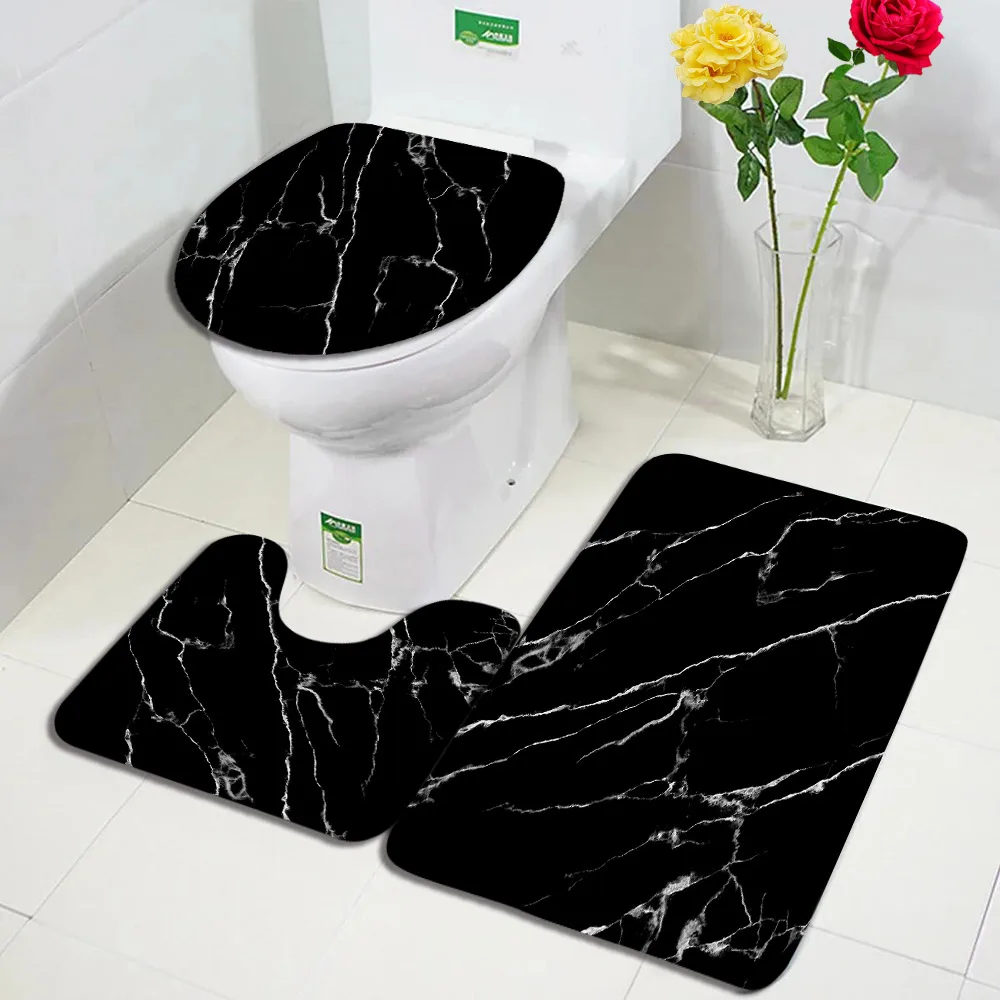 

Black Marble Bath Mat Set White Textured Pattern Abstract Art Modern Home Carpet Bathroom Decor Non-slip Rugs Toilet Lid Cover