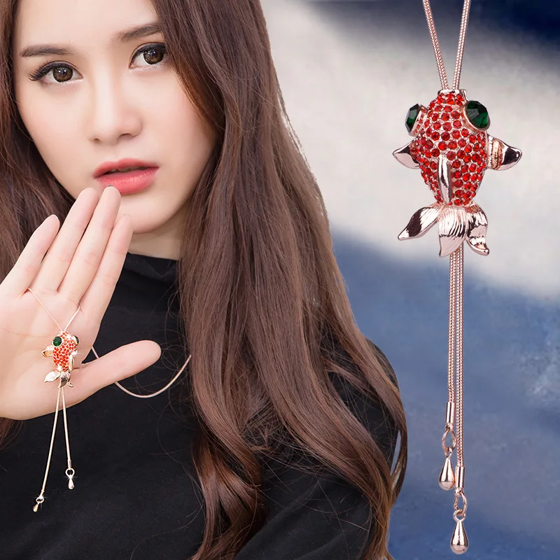 

Lucky Fish Pendant Long Necklace For Women Vivid Red Crystal Sweater Chain