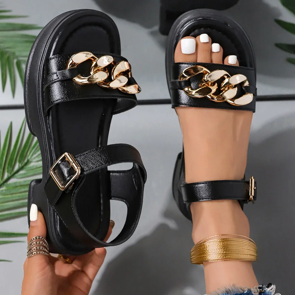 Женские уличные сандалии на среднем каблуке черные босоножки платформе удобная