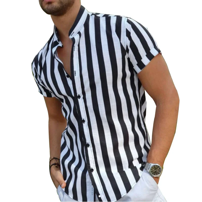 

Summer Mens Top New Casual Short Sleeve Shirt Stand Collar Striped Shirt for Men