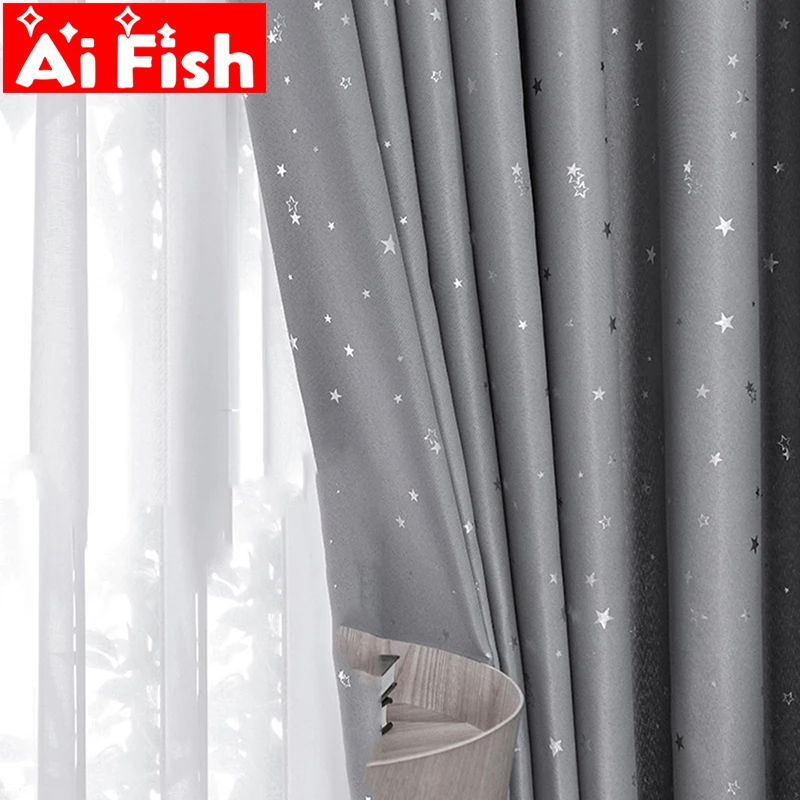 

Modern Gray Print Shiny Stars with Sliver Half Shade Curtains Cloth For Children's Bedroom White Star Tulle Window Drape WP123-5