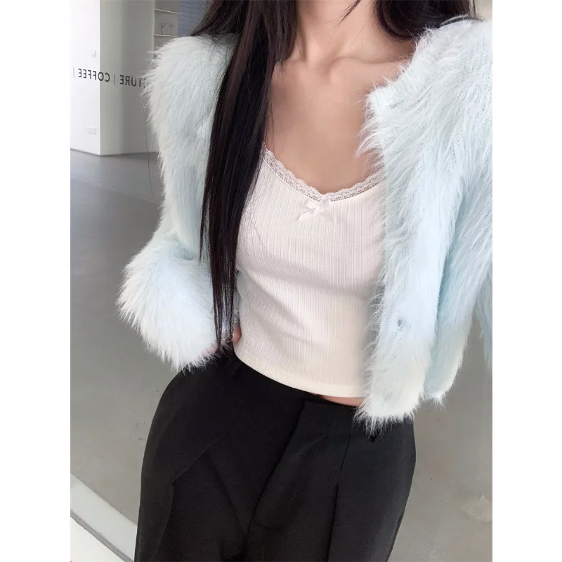 

2023 зимняя женская теплая мягкая Норковая жилетка в Корейском стиле ретро 2 предмета тонкая вязаная куртка топы