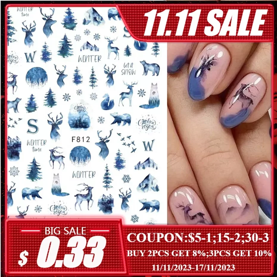 

Синие рождественские наклейки для дизайна ногтей, 3D елки, горы, снежинки, Холли, животные, Зимний Рождественский дизайн, маникюр, слайдер, украшение BEF812