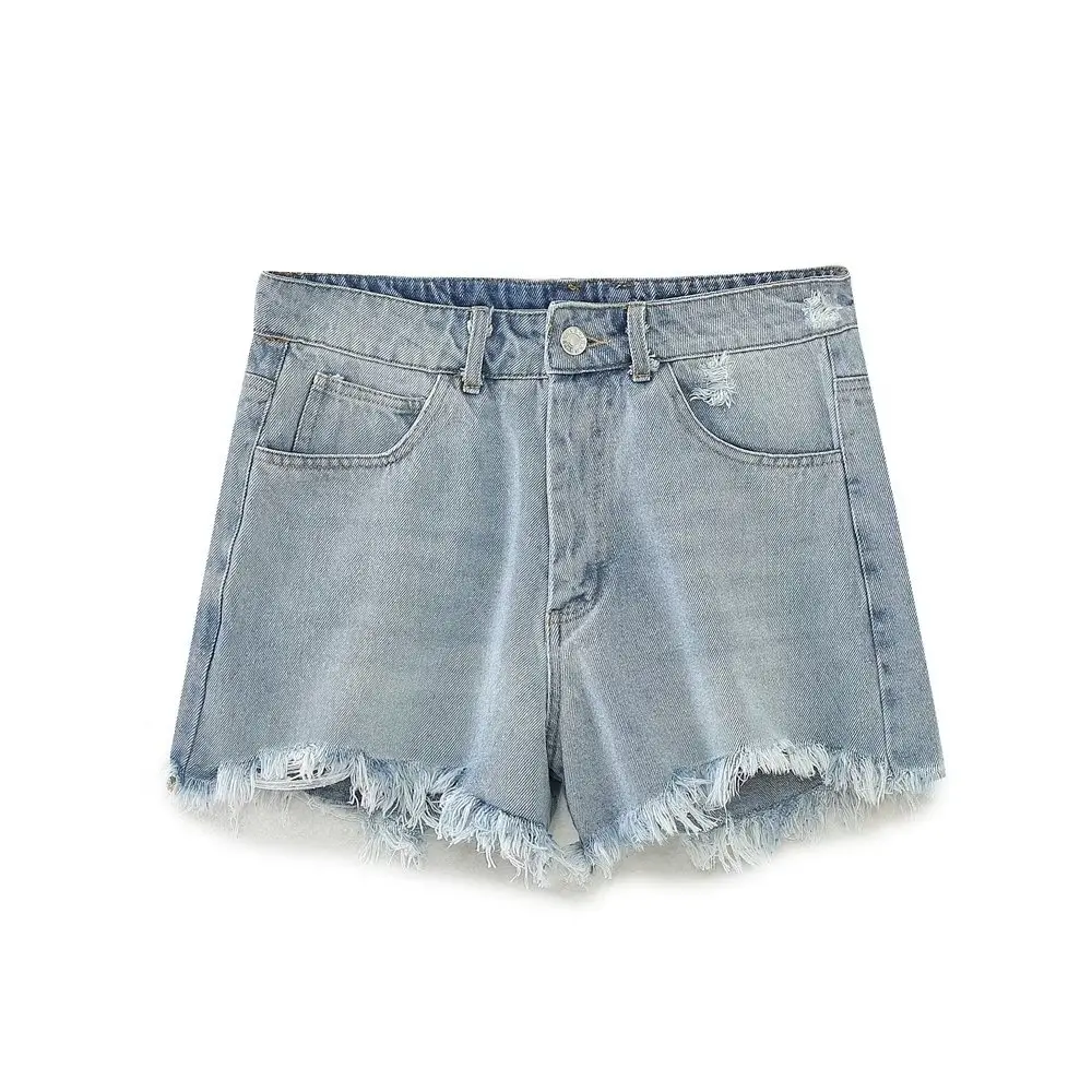 Dave&Di 2023 Summer Bermuda High Street Fashion Washed Vintage  Frayed Denim Shorts For Women