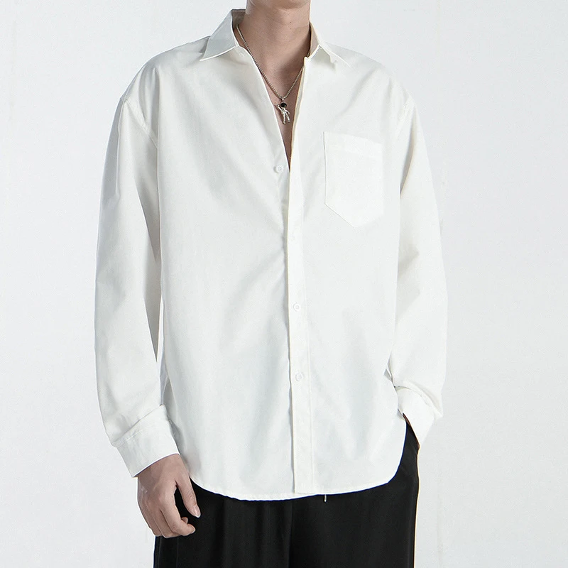 

757 Spring Fall New Fashion Men White Shirt Solid Color Simple Casual Loose Thin Lapel Blouse BF Style Teens Versatile Tops Male