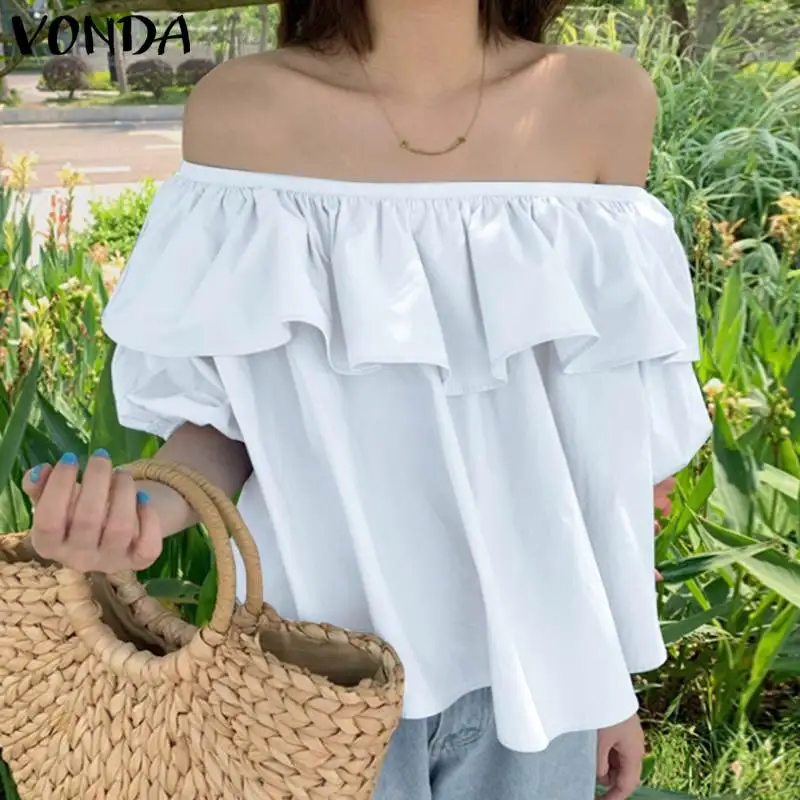 

Summer Tops VONDA 2022 Ladies Sexy Off Shoulder Pleated Tops Blusas Femininas Casual Half Sleeve Ruffled Blouses Women Shirts