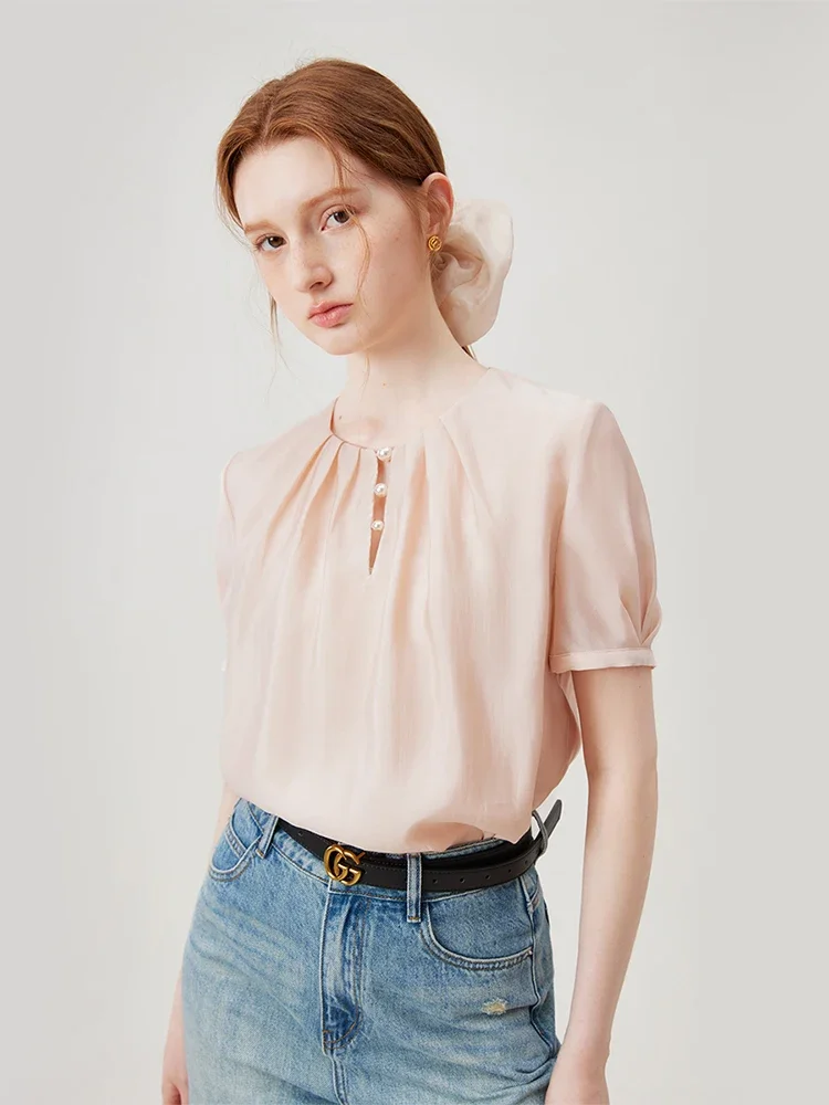 Элегантная Универсальная Женская Повседневная Рубашка FSLE Tencel Bежевая Розовая