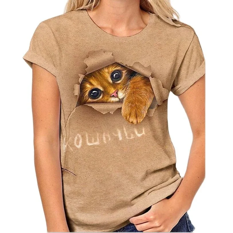 

T-shirts for Women 3d Short Sleeve 2022 Fashion Animal Blouses Around Neck Black Casual Tops Kawaii T-shirts for Girls