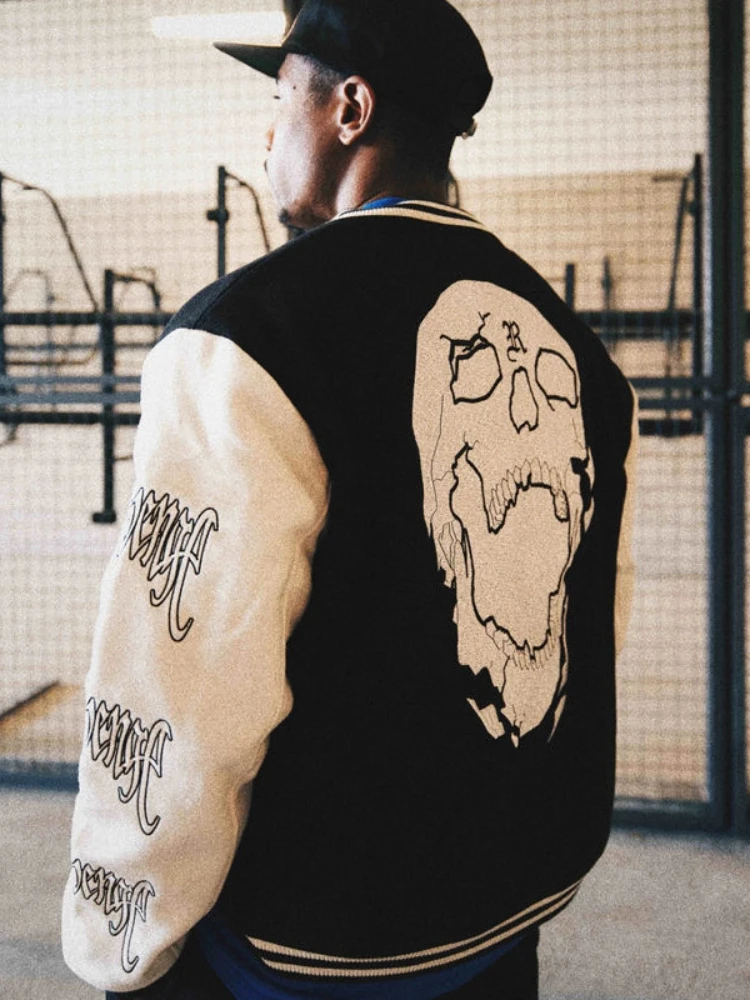 

Street Vintage Clothing Skull Embroidered Baseball Jacket Men's American Patchwork Letter Embroidered Loose Jacket Men's Fashion