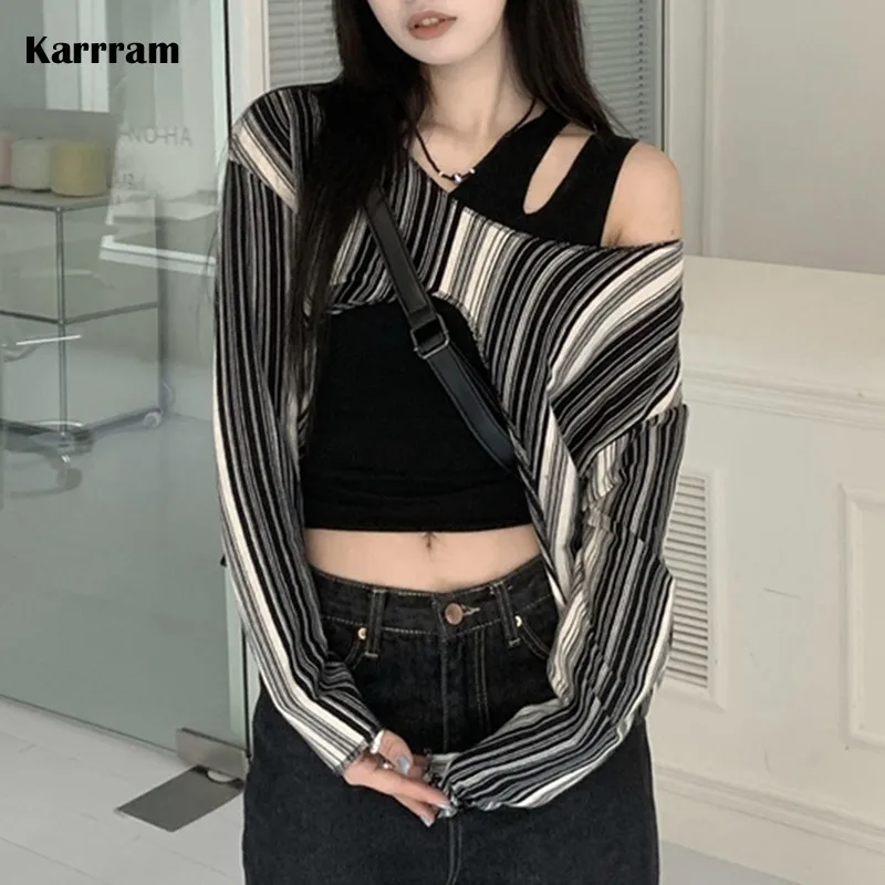 Karrram Korean Fashion Irregular Crop Tops Twp Piece Sets Hollow Out Grunge T-shirts Chic Streetwear Japanese Designer Clothes