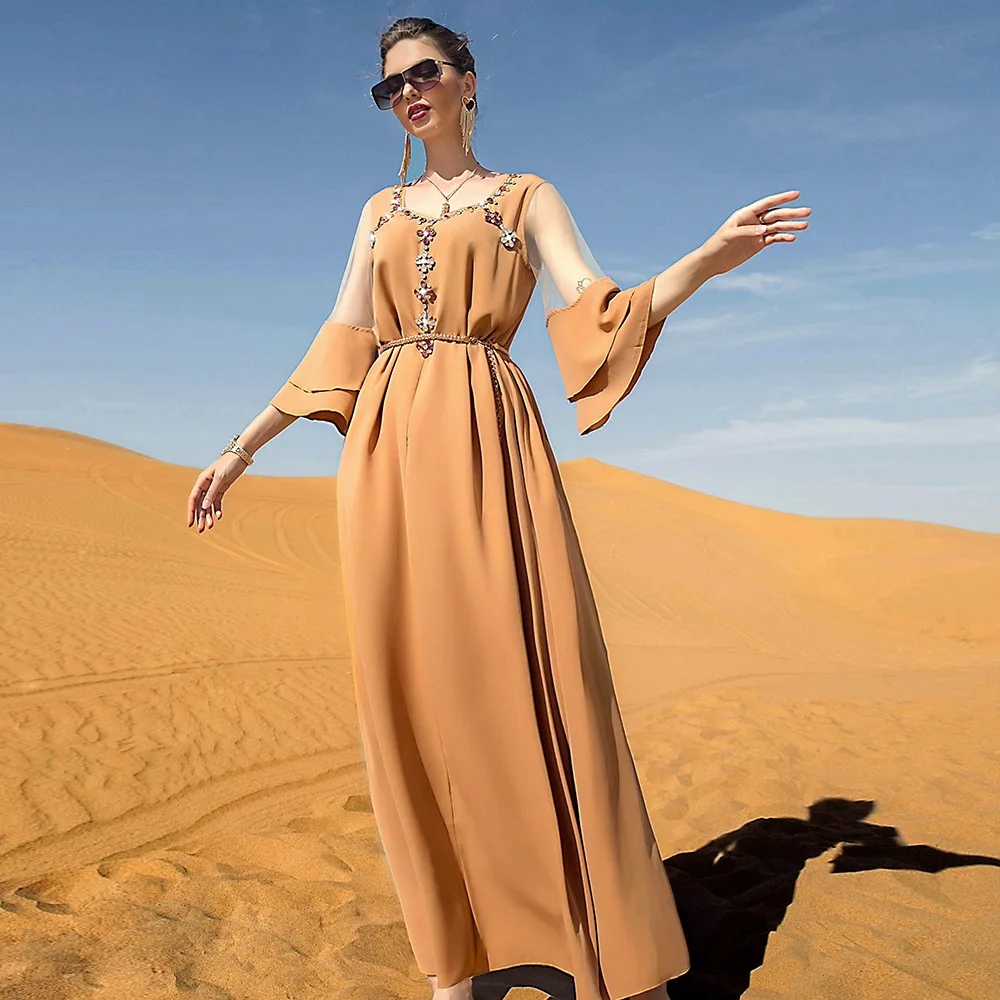 Mesh Bead Abaya With Belt 2022 V Neck Vintage Moroccan Caftan Muslim Evening Long Dress Kaftan Dubai Abaya Turkey Femme Arabic