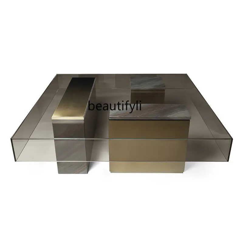 

zq Coffee Table Designer Tempered Glass Square Coffee Table Living Room Modern Stainless Steel Low Table