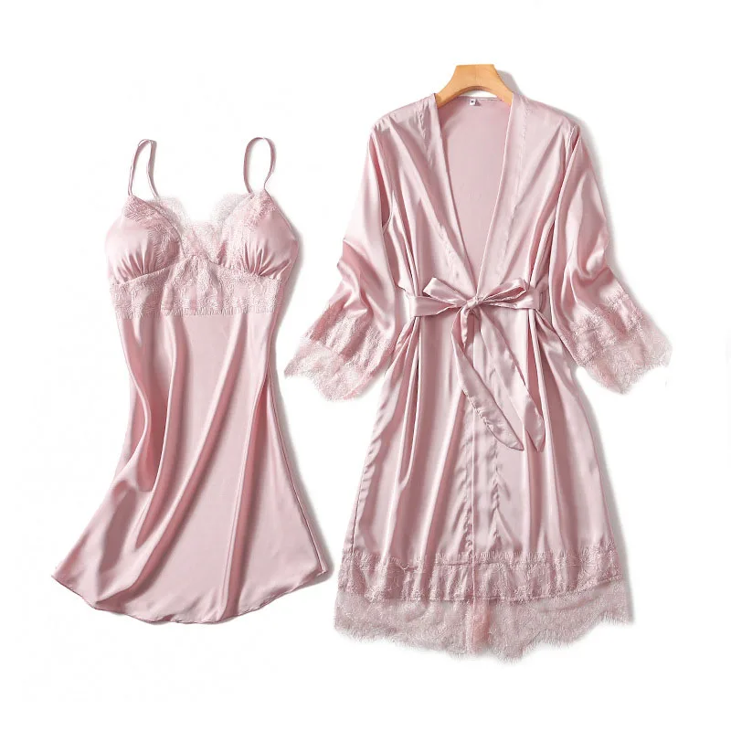 Women's Sleepwear 2 Pcs Sets Satin Silk Sleep Dress Sling Lace Dress and Robe Pajamas Set