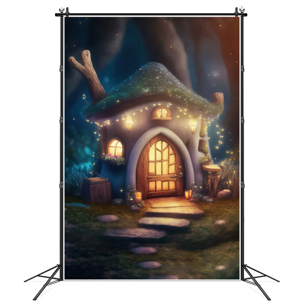 

Lights Mushroom Photography Backdrop Stand Birthday Decoration Fairy Forest Arch Door Cabin Custom Children Photocall Background