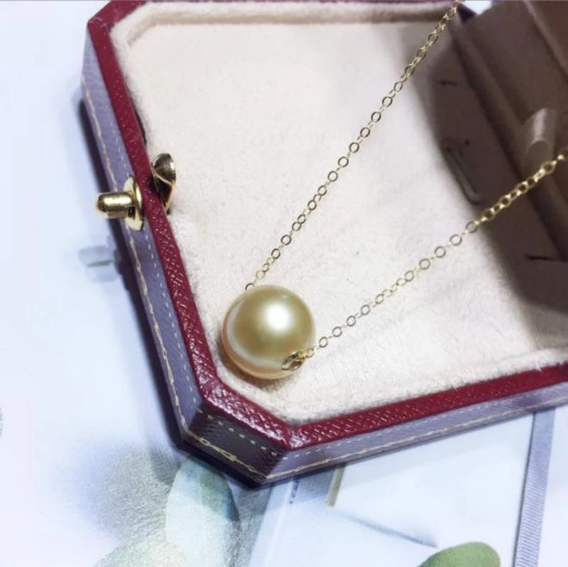 

Natural Elegant Good Luster 10-11mm Sea Genuine Golden Round Pearl Necklace Free Shipping Women Jewelry With Chain