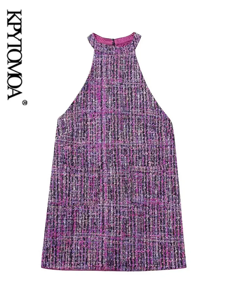 

KPYTOMOA женское модное твидовое мини-платье, винтажные женские платья без рукавов с воротником-халтером